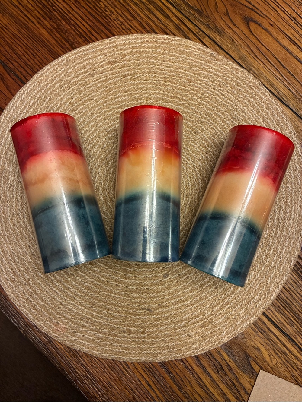 Hobby Lobby Layered Pillar Candle Set of 3 - Red, Cream & Blue NWT!